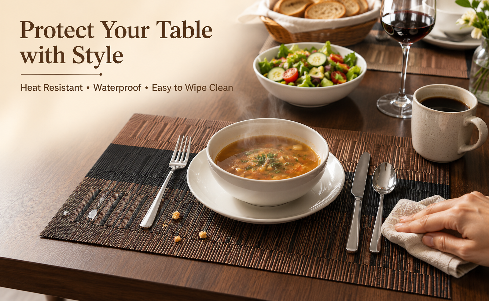 FIDEO PVC Dining Table Placemats Set of 6 | Heat Resistant Non Slip Washable Woven Vinyl Table Mats | Stain Resistant Table Protector for Kitchen Dining Room | (Dark Brown)