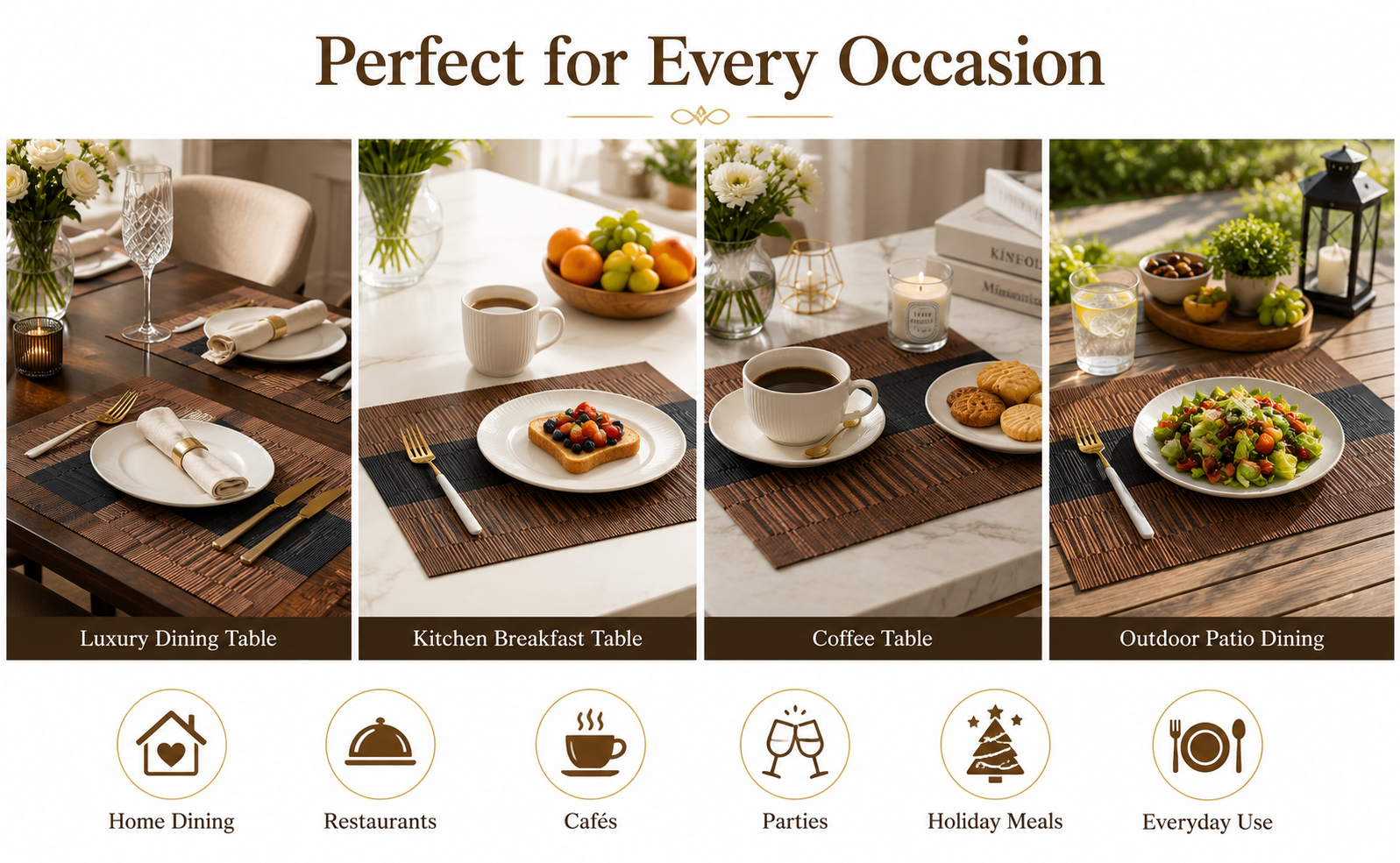 FIDEO PVC Dining Table Placemats Set of 6 | Heat Resistant Non Slip Washable Woven Vinyl Table Mats | Stain Resistant Table Protector for Kitchen Dining Room | (Dark Brown)
