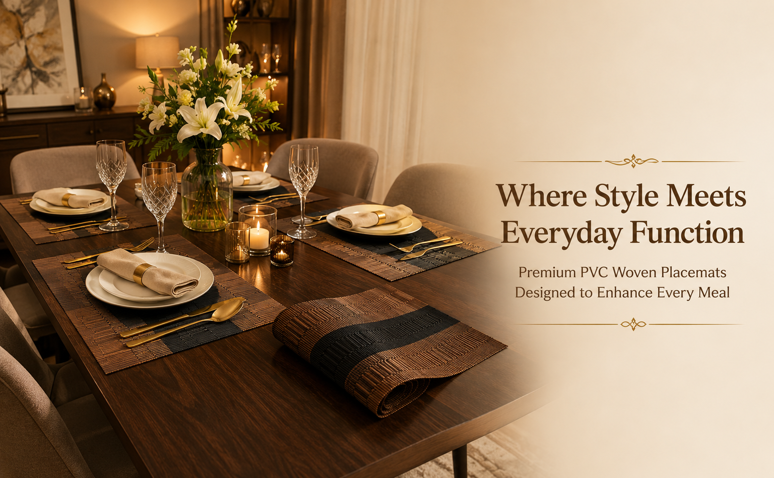 FIDEO PVC Dining Table Placemats Set of 6 | Heat Resistant Non Slip Washable Woven Vinyl Table Mats | Stain Resistant Table Protector for Kitchen Dining Room | (Dark Brown)