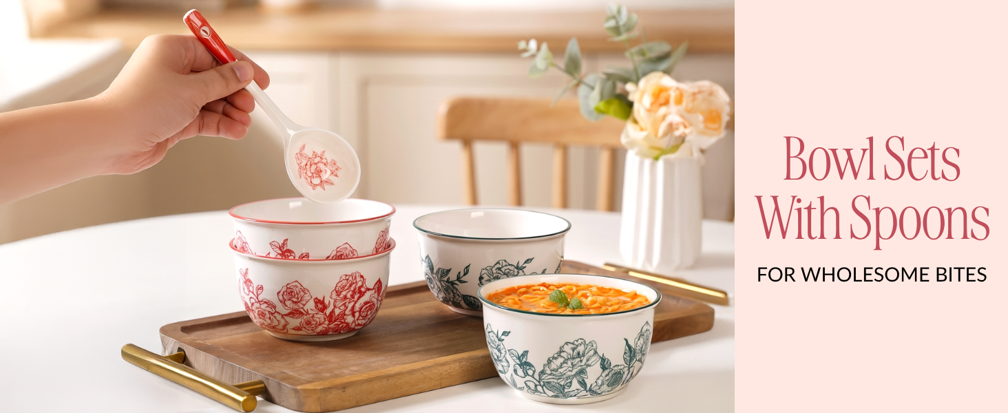 Nestasia Ceramic Snack Bowl Set of 4 (370ml) - Dishwasher & Microwave Safe Bowl with Spoons, Multipurpose Serving Bowls for Soup, Rice, Dal, & Salad | Floral Mustard Gift Box Bowl Set