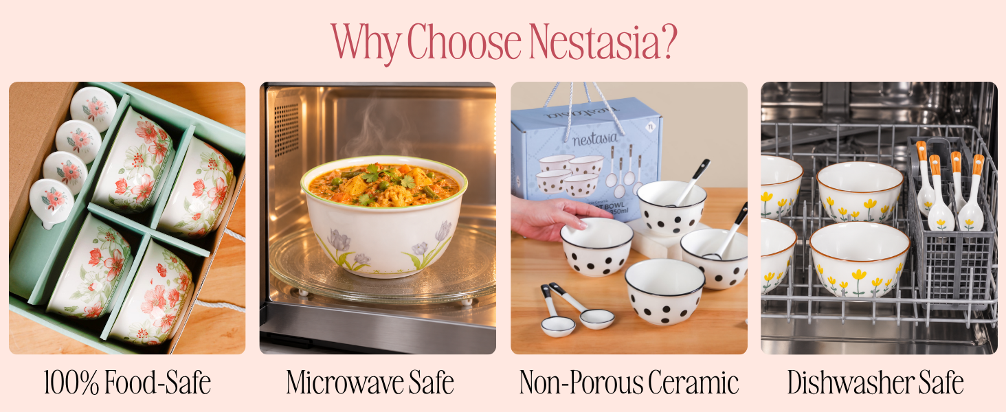 Nestasia Ceramic Snack Bowl Set of 4 (370ml) - Dishwasher & Microwave Safe Bowl with Spoons, Multipurpose Serving Bowls for Soup, Rice, Dal, & Salad | Floral Mustard Gift Box Bowl Set