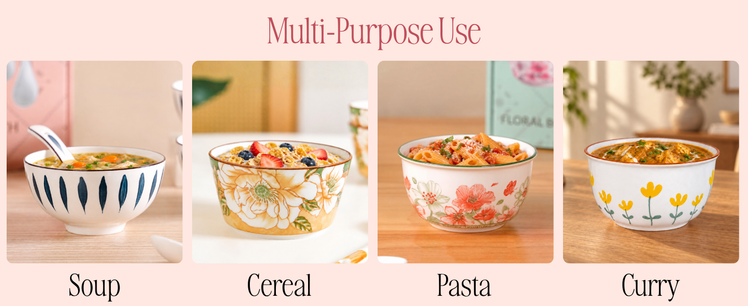 Nestasia Ceramic Snack Bowl Set of 4 (370ml) - Dishwasher & Microwave Safe Bowl with Spoons, Multipurpose Serving Bowls for Soup, Rice, Dal, & Salad | Floral Mustard Gift Box Bowl Set