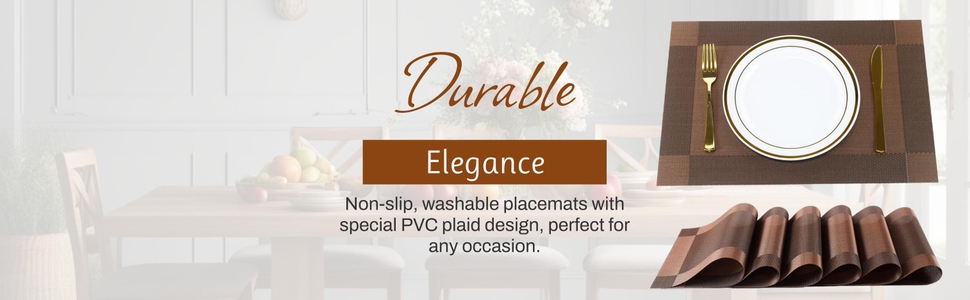 P-Plus International Placemats Place Mats for Kitchen Dining Table, Heat-Resistant StainAnti-Skid Washable PVC Table Mats,Vinyl Dinner Mats (Brown, 6 Pack)