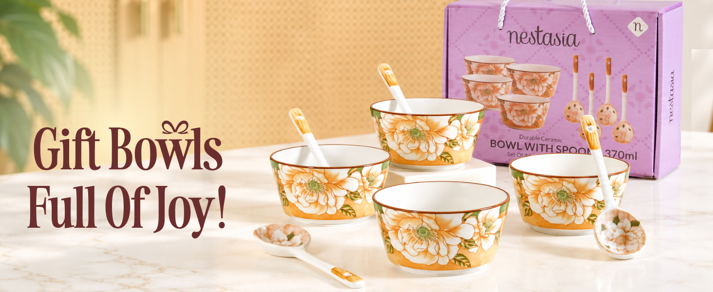 Nestasia Ceramic Snack Bowl Set of 4 (370ml) - Dishwasher & Microwave Safe Bowl with Spoons, Multipurpose Serving Bowls for Soup, Rice, Dal, & Salad | Floral Mustard Gift Box Bowl Set
