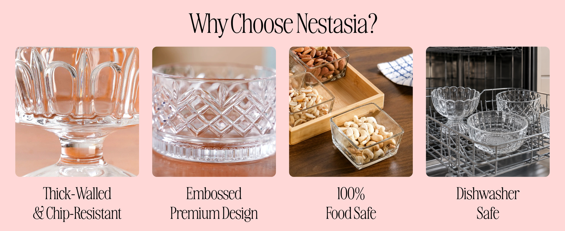 Nestasia Square Glass Bowls Set of 4 (300 ml Each) | Transparent Hammer - Textured Katori for Dessert & Ice Cream | Microwave & Dishwasher Safe Snack Bowls - Perfect for Gifting