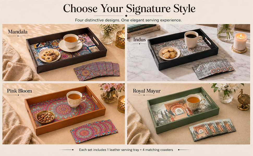 Birch & Co. Wooden Tray For Serving-Free 4 Coasters-10 Inch X 15 Inch-Serving Tray-Tray Set For Decoration-Tea Trays-Big Coffee Tray-Premium Mdf Trey-Wooden Serving Trays-Resin Tray,Round