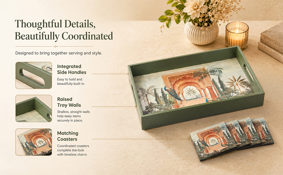 Birch & Co. Wooden Tray For Serving-Free 4 Coasters-10 Inch X 15 Inch-Serving Tray-Tray Set For Decoration-Tea Trays-Big Coffee Tray-Premium Mdf Trey-Wooden Serving Trays-Resin Tray,Round