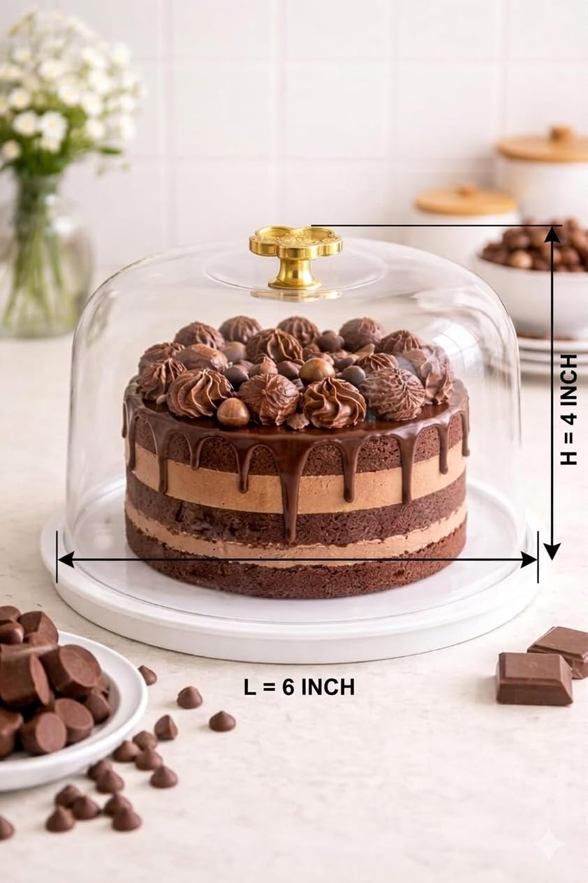 6x4 inch Round Cake Stand with Lid and Spatula, Clear Dome Display Cover for Fresh Presentations, Lightweight Reusable Plastic for Easy Transport, Gold-Accented Handle, Multicolour