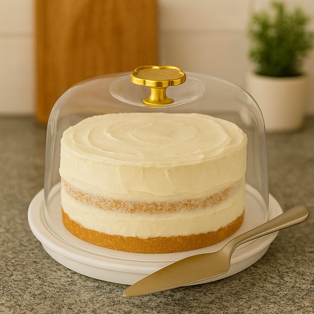 6x4 inch Round Cake Stand with Lid and Spatula, Clear Dome Display Cover for Fresh Presentations, Lightweight Reusable Plastic for Easy Transport, Gold-Accented Handle, Multicolour