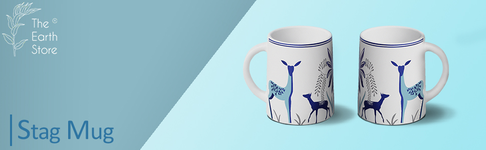 The Earth Store Stag Blue Coffee Mugs Set of 2 to Gift to Best Friends, Coffee Mugs, Microwave Safe Ceramic Mugs,(300 ml Each)