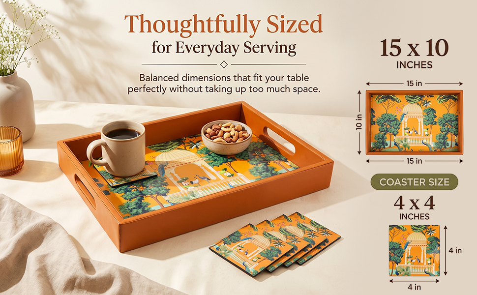 Birch & Co. Wooden Tray for Serving-Free 4 Coasters-10 Inch X 15 Inch-Serving Tray-Tray Set for Decoration-Tea Trays-Big Coffee Tray-Premium MDF Trey-Wooden Serving Trays-Resin Tray,Rectangular