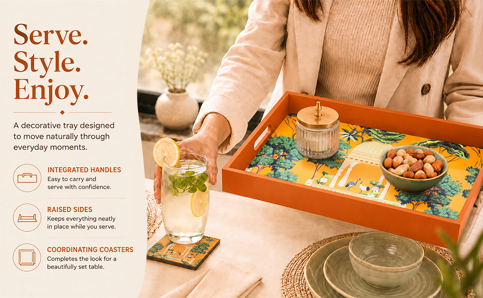 Birch & Co. Wooden Tray for Serving-Free 4 Coasters-10 Inch X 15 Inch-Serving Tray-Tray Set for Decoration-Tea Trays-Big Coffee Tray-Premium MDF Trey-Wooden Serving Trays-Resin Tray,Rectangular