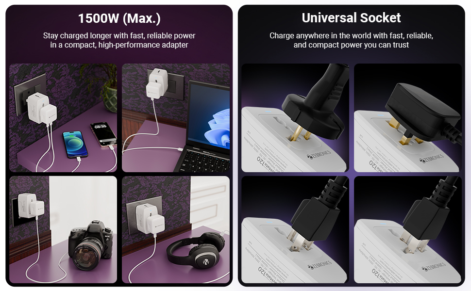 Zebronics 1500W All-in-One Universal Travel Adapter, Upto 6A, Universal Socket, Swappable Pins for EU|KR|UK|US|JP|AUS|CN, for Mobile, Tablets, Laptops, & Grooming Devices (Travmate 120)