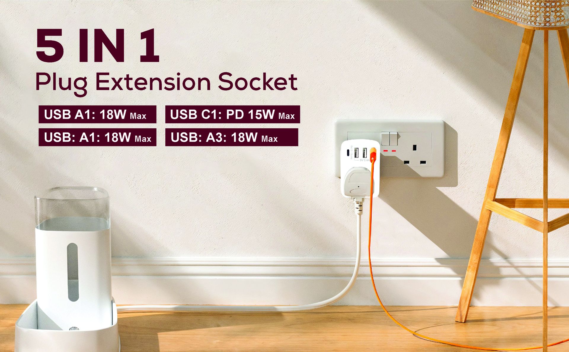 MX 5-in-1 MultiPort Adapter with Cordless Extension Board | Universal AC Socket, 1 x Type C, 3 x USBs, 2500W Output, 15W USB C & 3.4A USB-A PD Charging Output, Ideal for Tight Spaces, Travel Adapter