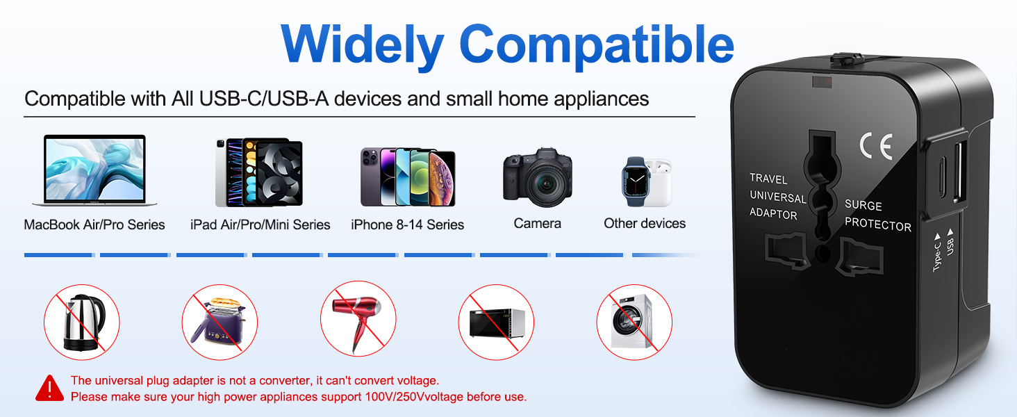 rts Fast Charging Type C (USB C) 5 in 1 Universal Charger Adapter, International All in one Worldwide Adapter Plug, Universal Travel Adapter with 2.4A, for 224+ Countries US,UK,EU,AUS, Mobile,Laptop