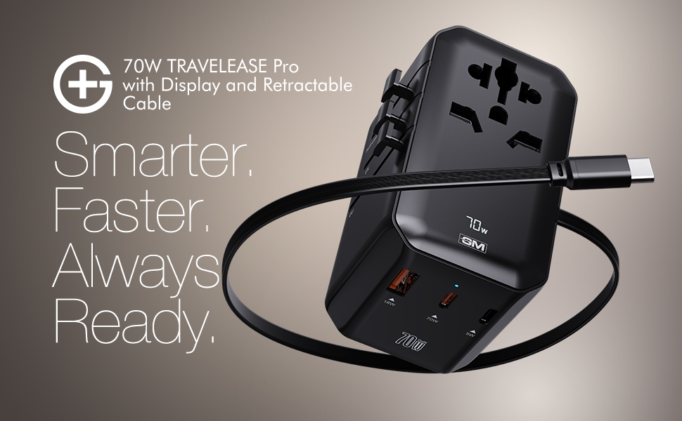 GM G+ 70W TravelEase Pro with Display | Travel Adapter US, UK, EU, AU, 150+ Countries | Multi-Port | Dynamic Wattage Display, Laptop, iPhone, Samsung, DSLR, 75cm Retractable-C Cable (Glossy Black)