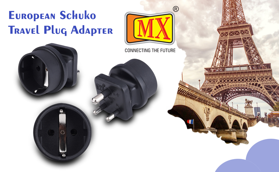 MX Schuko to India Plug Adapter 5 A – Converts European Type E/F Input to India Type D 3-Prong Output, Heavy-Duty 250 V Grounded Travel & Appliance Connector, Black