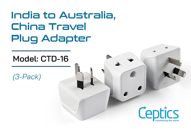 Ceptics India to Australia Adapter Plug, China, New Zealand & More - Type I - CE Certified - RoHS Compliant - White - CE - RoHS - 3 Pack - Lifetime Limited Warranty