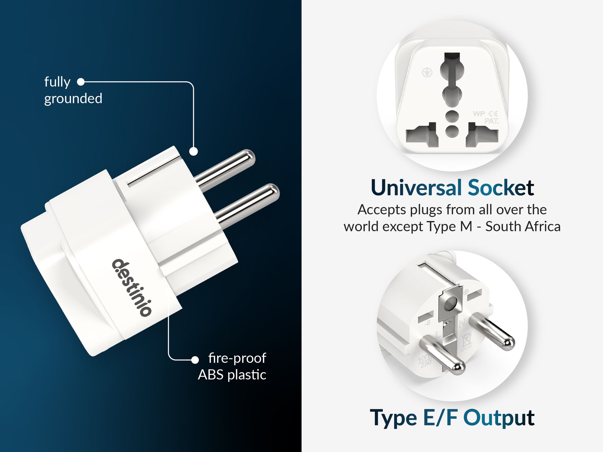 Destinio Universal Europe Travel Adapter Type E/F Schuko Plug Converter 13A 250V, International EU Power Socket for Germany France Spain, Portable European Plug for Mobile Laptop Charger (Pack of 2)