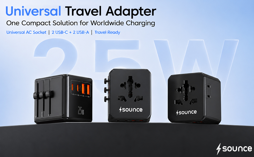 Sounce OmniCharge 25W Universal Travel Adapter, 4-in-1 International Multi Plug Charger for 150+ Countries, 2 USB-C & 1 USB-A Ports, Fast Charging, US/UK/EU/AU Compatible (Black)