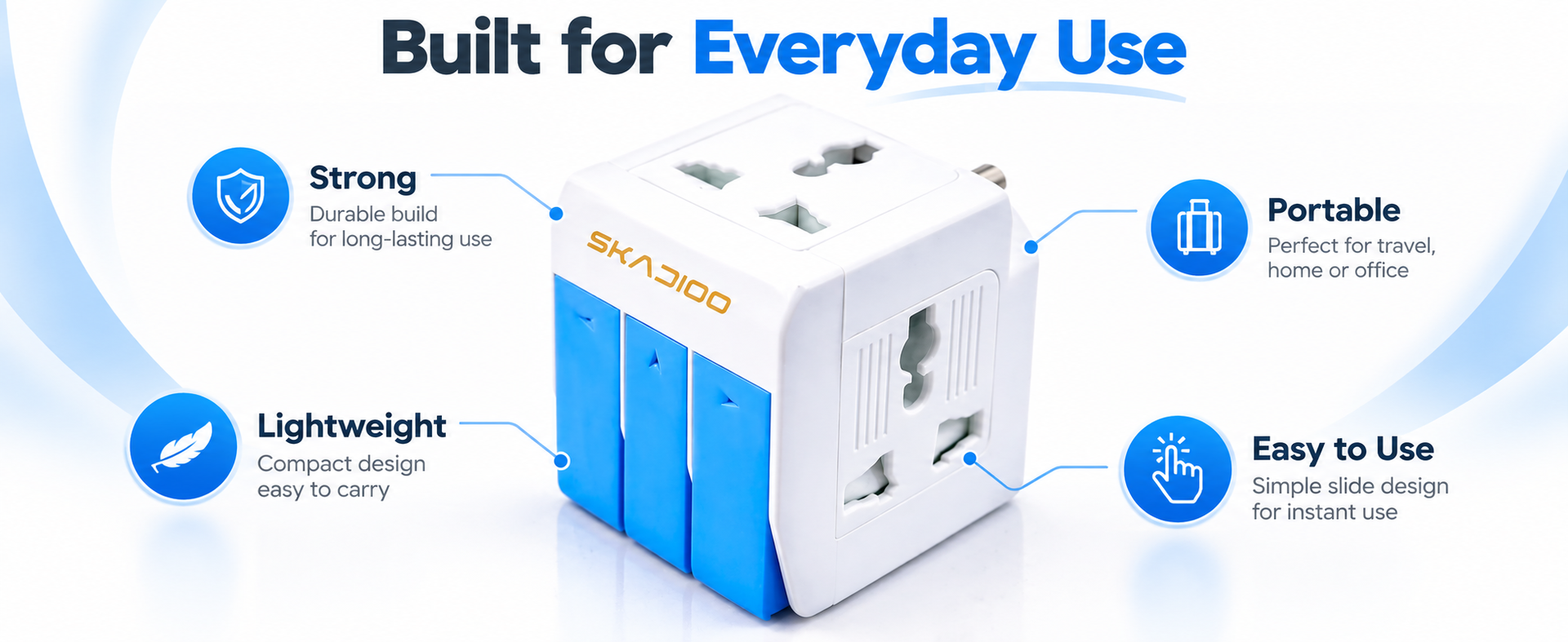 SKADIOO Universal Charger Adapter | 2 Years Warranty, 3-in-1, 5A - 250V | Adapter Charger, Universal Travel Adapter All in One, Multi Plug Adapter, Individual Switch and Fuse Protected (White, Blue)