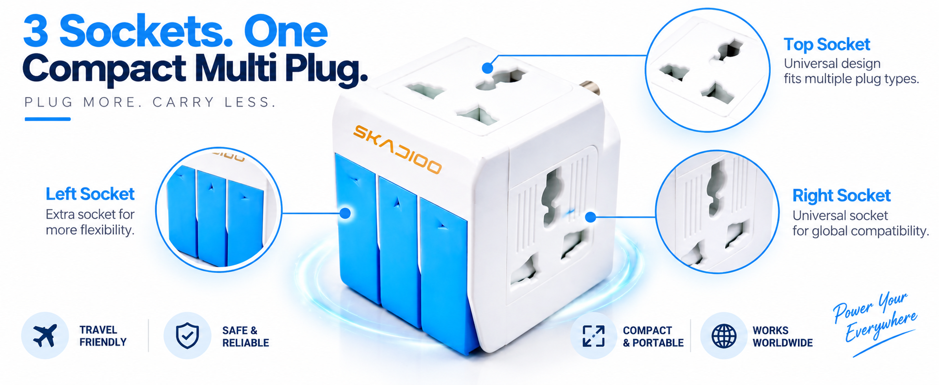 SKADIOO Universal Charger Adapter | 2 Years Warranty, 3-in-1, 5A - 250V | Adapter Charger, Universal Travel Adapter All in One, Multi Plug Adapter, Individual Switch and Fuse Protected (White, Blue)