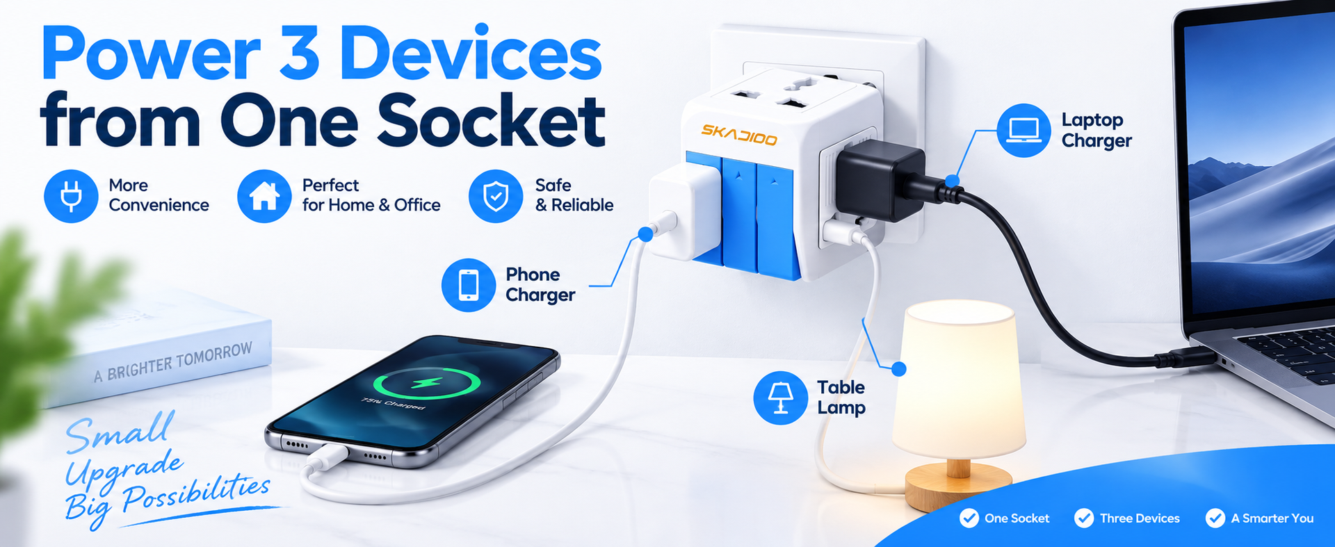 SKADIOO Universal Charger Adapter | 2 Years Warranty, 3-in-1, 5A - 250V | Adapter Charger, Universal Travel Adapter All in One, Multi Plug Adapter, Individual Switch and Fuse Protected (White, Blue)