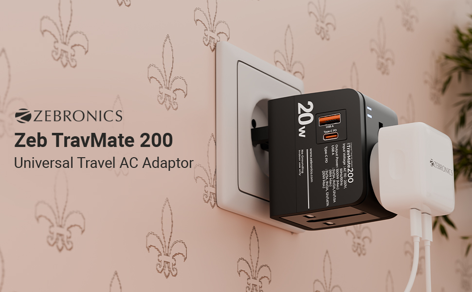 Zebronics 1500W All-in-One Universal Travel Adapter, Upto 6A, USB-A, Type-C, Universal Socket, Swappable Pins for EU|KR|UK|US|JP|AUS|CN, for Mobile, Tablet, & Laptop (Travmate 200)