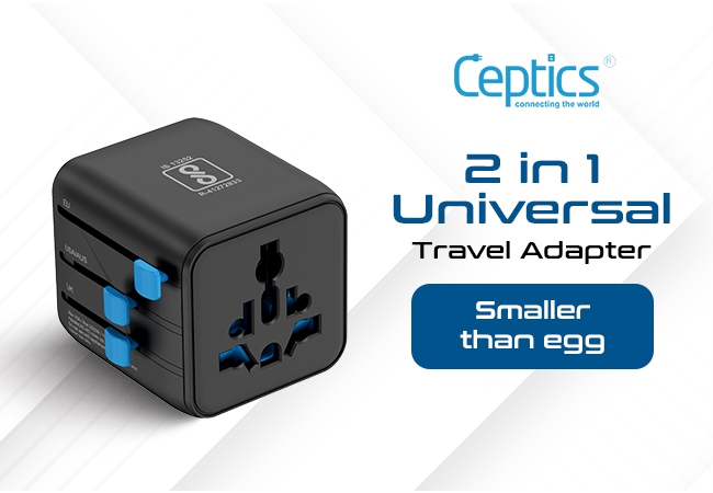 Ceptics 2 in 1 Universal Charger Adapter, Universal Travel Adapter All in One with 2500W High Power Output, International Plug Adapter for Phones, Tablets, Compatible in 150+ Countries