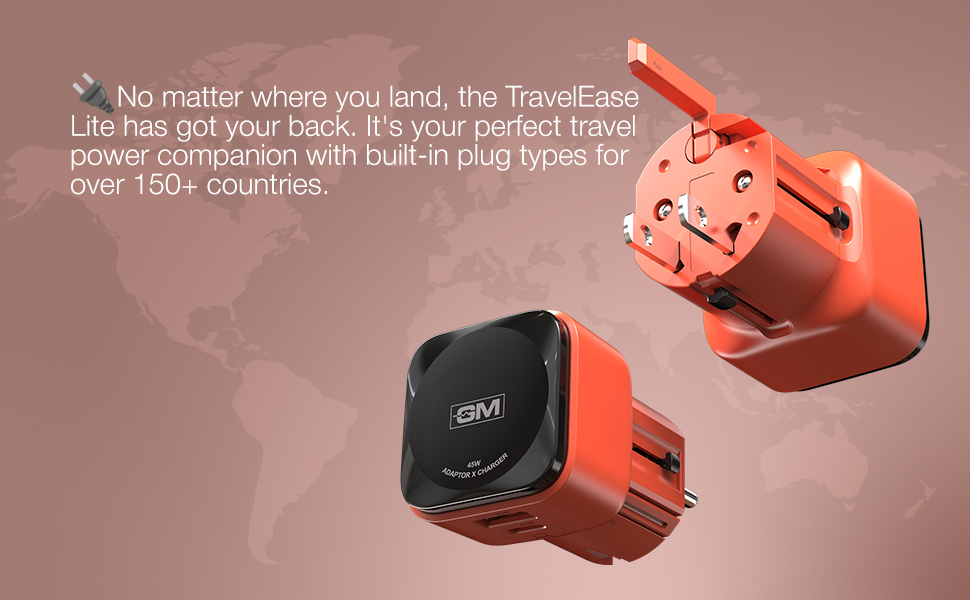 GM TravelEase Lite 45W All-in-One International Travel Adapter | Works in US, UK, EU, AU & 150+ Countries | USB-C & USB-A Fast Charging | 1M 60W Cable Free | Compatible with MacBook, iPhone & Android