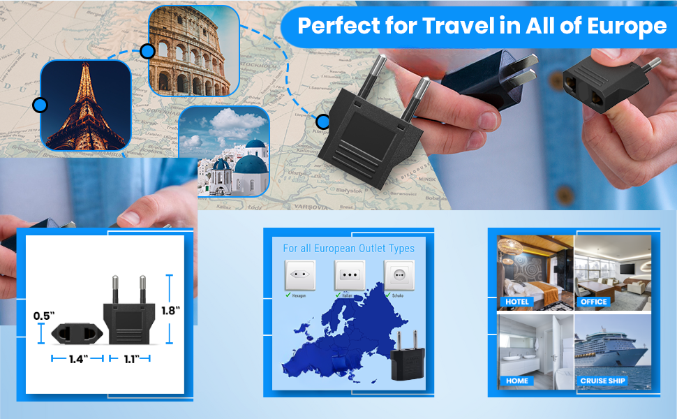 Hi-Plasst Europe 2-Pin to India (2 Pieces) Travel Adapter (6A, 250V) – EU Power Plug Converter for Europe & Indian Sockets | 2pin Black – Works in China, France, Italy, Spain & India (Pack of 2)