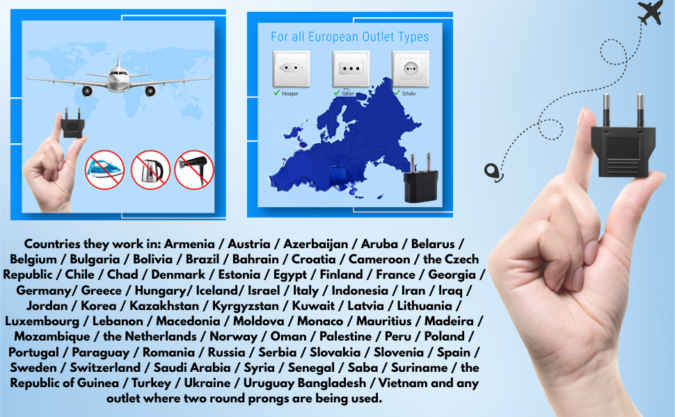 Hi-Plasst Europe 2-Pin to India (2 Pieces) Travel Adapter (6A, 250V) – EU Power Plug Converter for Europe & Indian Sockets | 2pin Black – Works in China, France, Italy, Spain & India (Pack of 2)