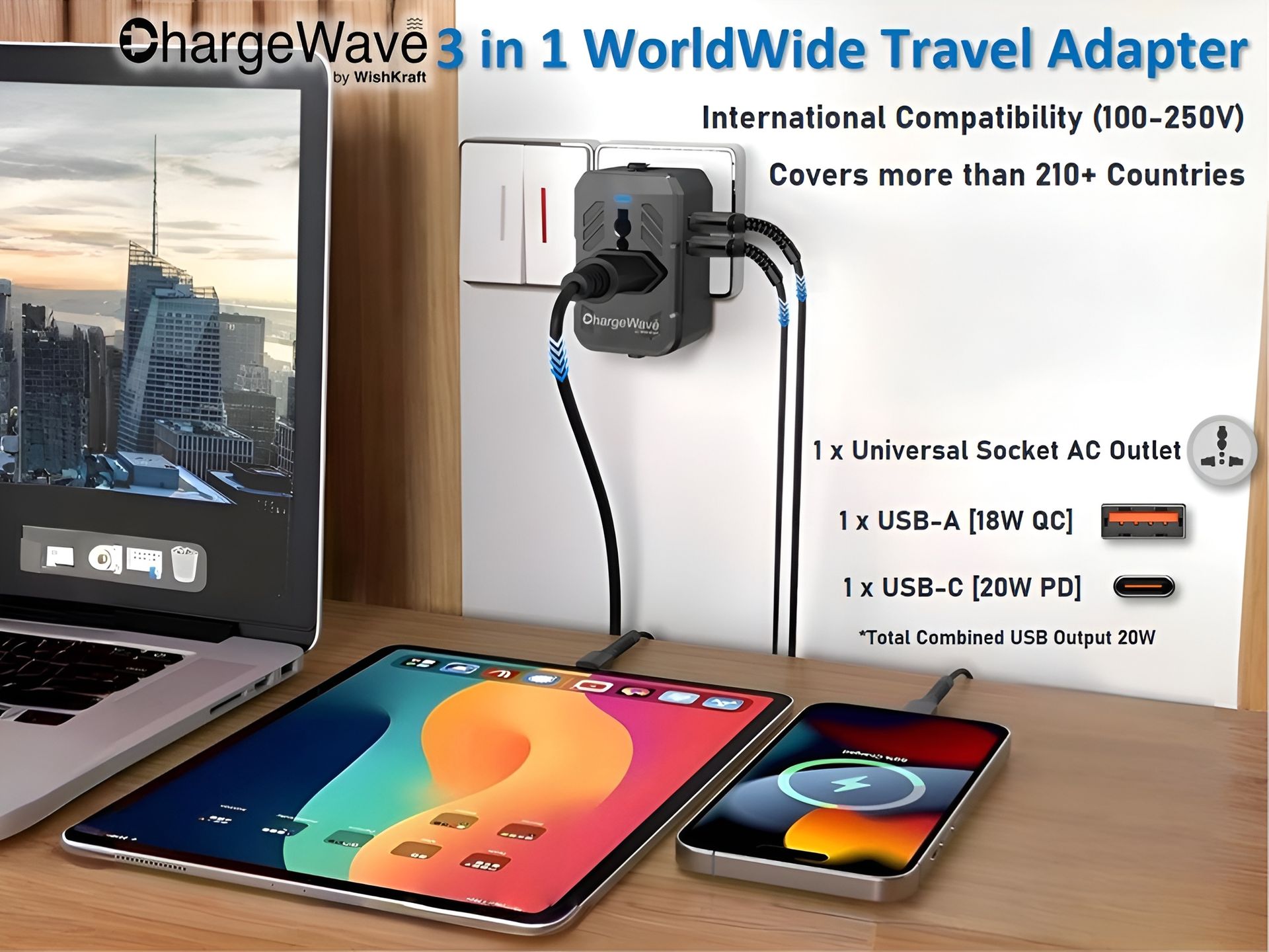 ChargeWave Universal Travel Adapter with 20W Fast Charging 2 USB Ports | All in One Worldwide Plug | 210+ Countries (US/UK/EU/AUS) | International Power Adapter Socket for Mobile, Laptop & Accessories