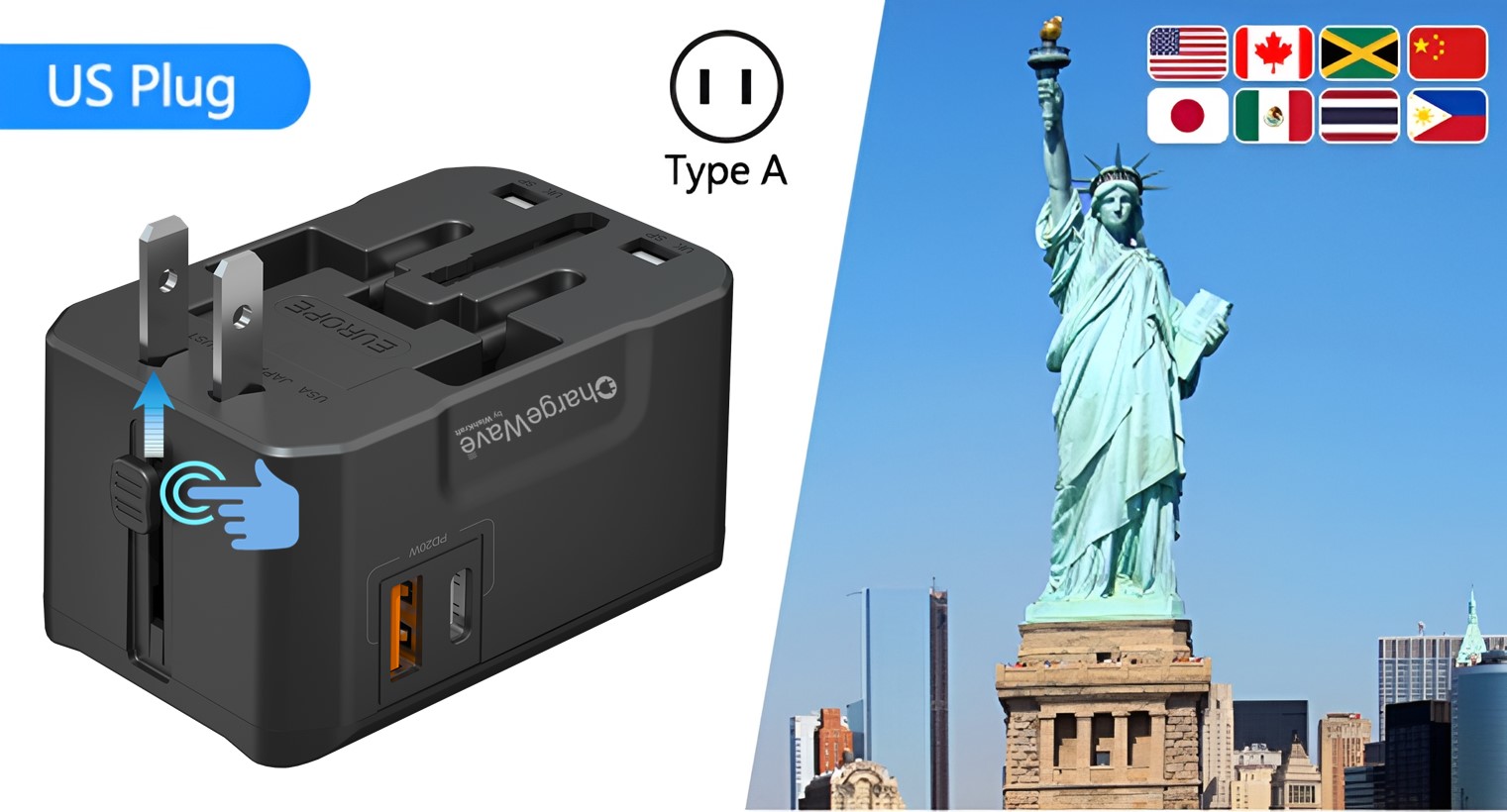 ChargeWave Universal Travel Adapter with 20W Fast Charging 2 USB Ports | All in One Worldwide Plug | 210+ Countries (US/UK/EU/AUS) | International Power Adapter Socket for Mobile, Laptop & Accessories