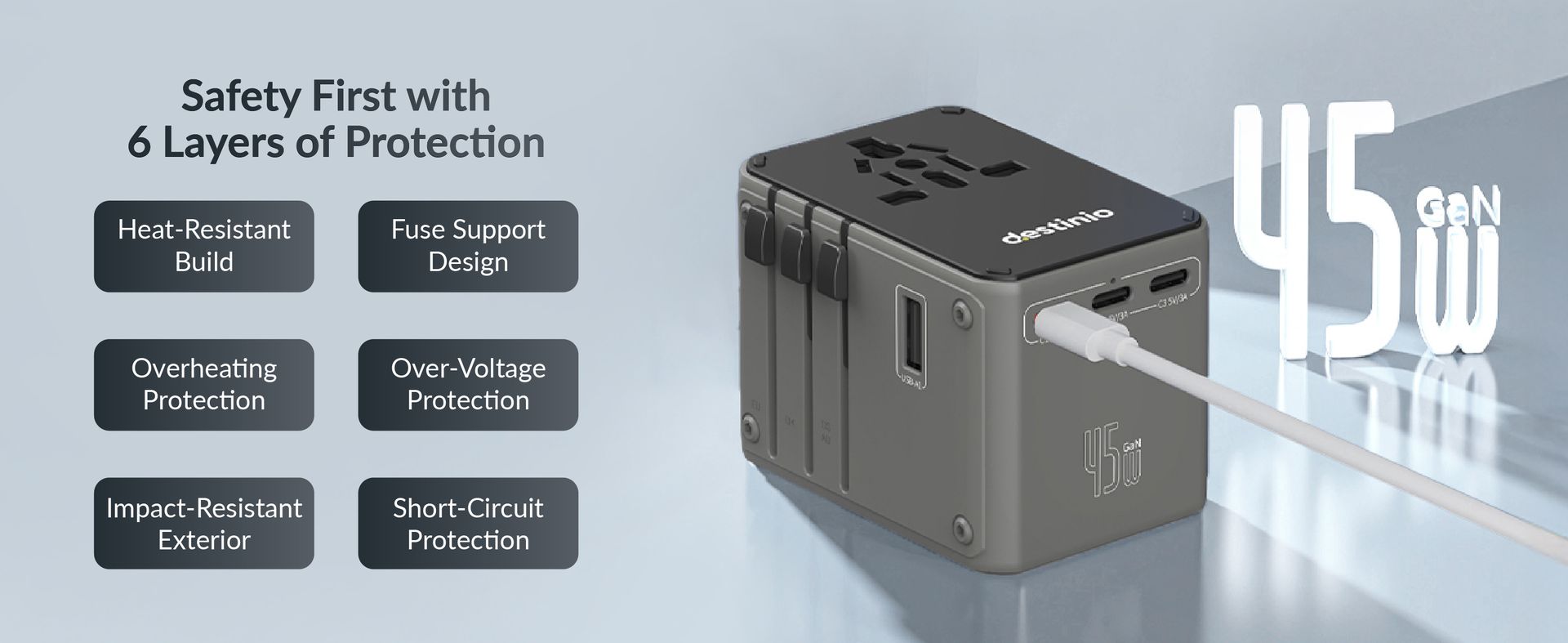 Destinio Universal Travel Adapter - 6-in-1 Fast Charging International Charger with PD, Type C & 3 USB Ports - All-in-One for US, UK, Europe (45W- Type C- (6 in 1) - Gray)