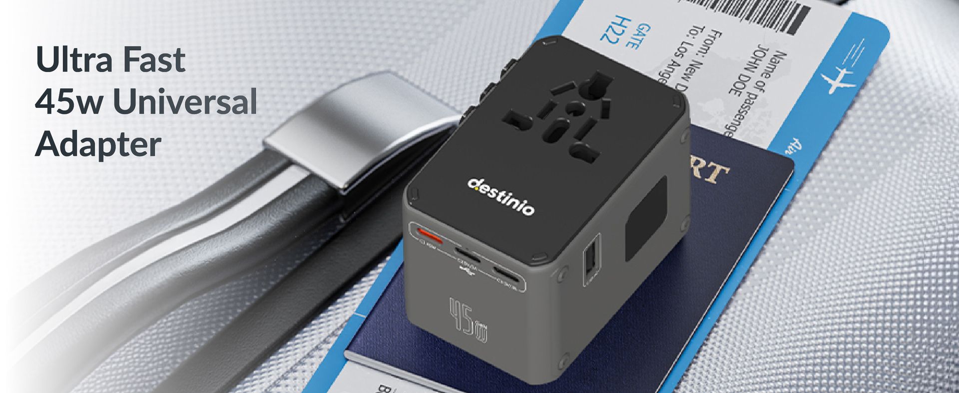 Destinio Universal Travel Adapter - 6-in-1 Fast Charging International Charger with PD, Type C & 3 USB Ports - All-in-One for US, UK, Europe (45W- Type C- (6 in 1) - Gray)