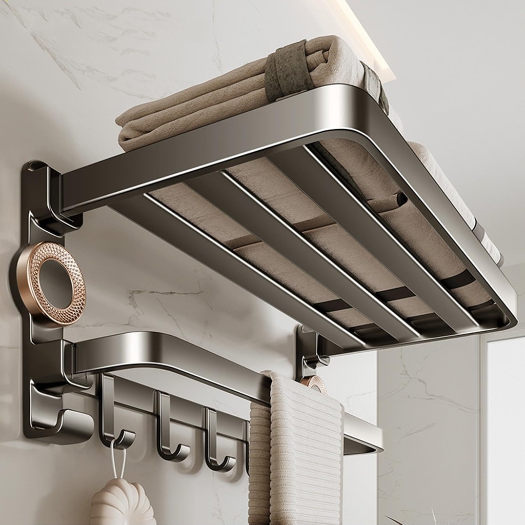 Bathroom Towel Rack Double Foldable Suction Cup Towel Shelf Wall Mounted Towel Bar Organizer Toilets Verandahs Towel Holder Simple Installation No Drill(60CM/23.6IN)