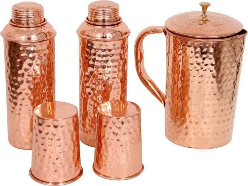 Indian Handmade Hammered Pure Copper 2 Water Bottle 1 Pitcher 2 Glasses Gift Set