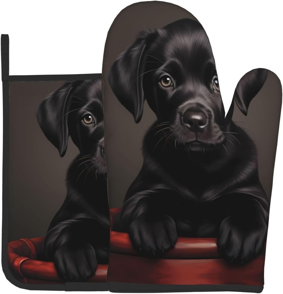 Black Puppy Gloves Insulation Pads, Oven Baking Gloves 2-Piece Set, Suitable for Kitchen Microwave, Baking, Cooking, Home use