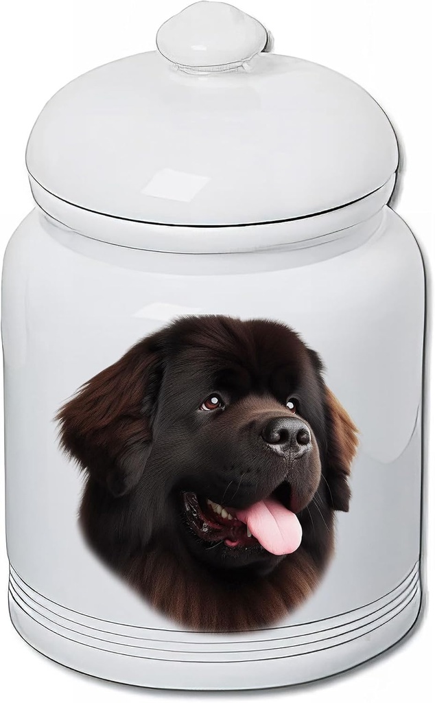Best of Breed Newfoundland Chocolate Dog and Cat Ceramic Treat Jar 9" Tall Air Tight Seal All White