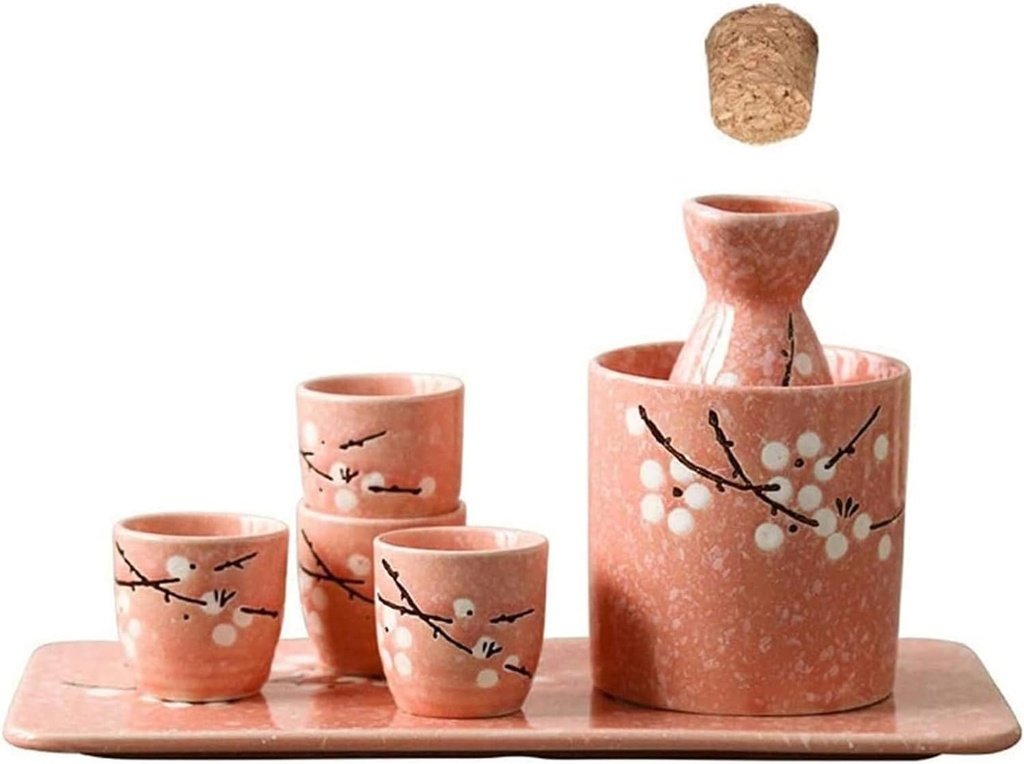 7 Piece Sake Set Japanese Sake Pot Set, Traditional Sake Cup Hand Painted Design Porcelain Pottery Ceramic Crafts Wine Glasses, Pink+White Plum