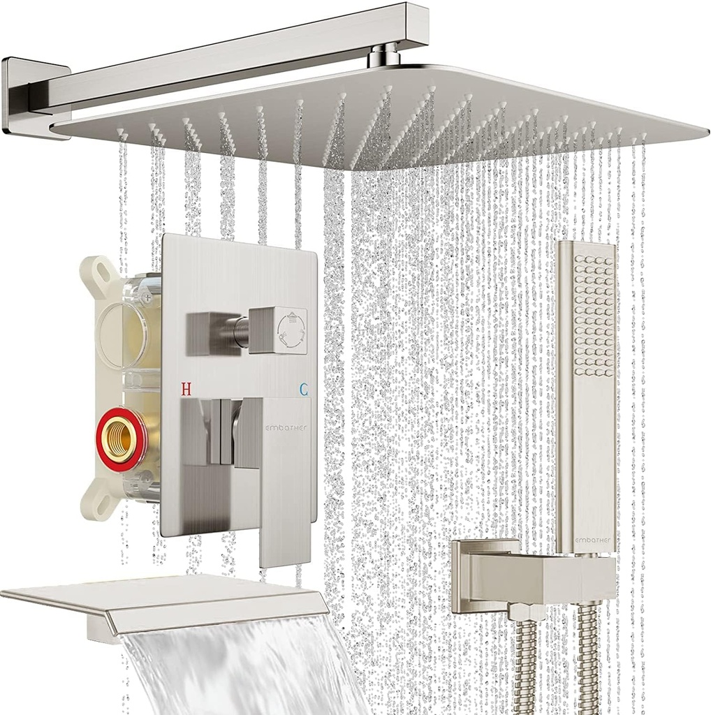 EMBATHER Shower System with Tub Spout, 10 Inches Tub Shower Faucet Set For Bathroom, High Pressure Rain Shower with Handheld Spray, Brushed Nickel (Contain Shower Valve and Trim kit)
