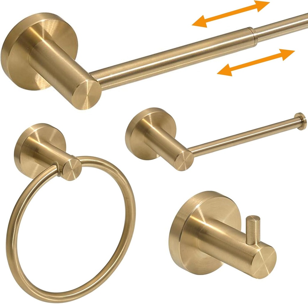 BESy 4 Piece Bathroom Accessories Set (Adjustable 16 to 26 Inch Towel Bar, Towel Ring, Toilet Paper Holder,Towel Hook), Wall Mounted Bath Hardware Accessory Fixtures Set,Stainless Steel/Brushed Gold