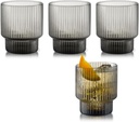 Qualia Carousel Gray Drinking Glasses Set of 4 Ribbed Glass Cups 11 oz Fluted Cocktail Glasses Lead-Free Colored Glassware, Dishwasher Safe Square Whiskey Glasses, House Warming Gifts For Bartender