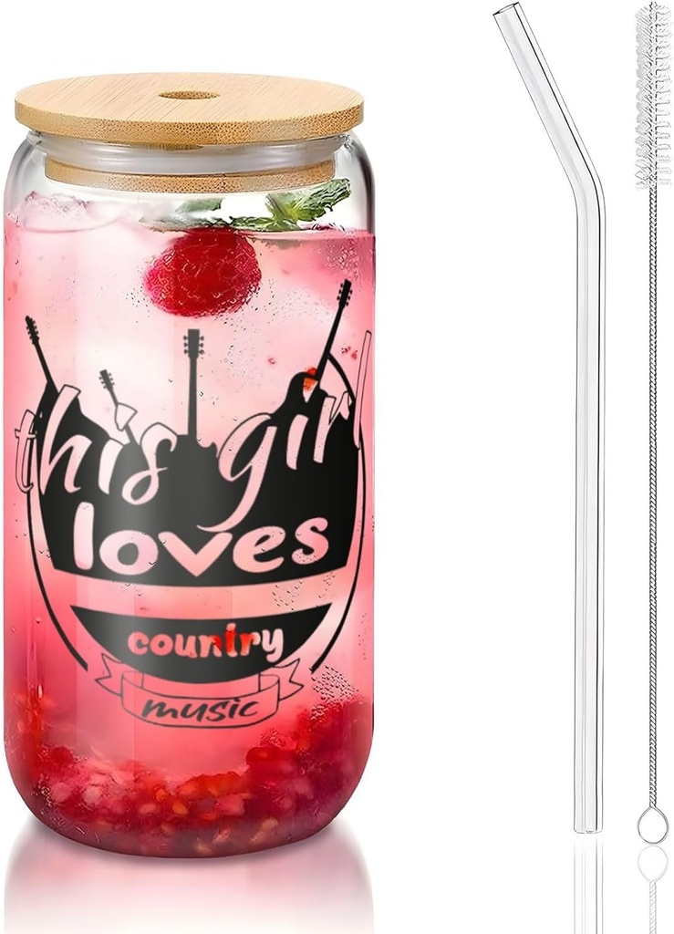 This Girl Loves Country Music 16 Oz Drinking Glasses With Bamboo Lids,Glass Straw And Cleaning Brushes Glass Tea Cup For Iced Coffee,Smoothie,Cocktail,Beer,Whiskey,Soda,Matcha