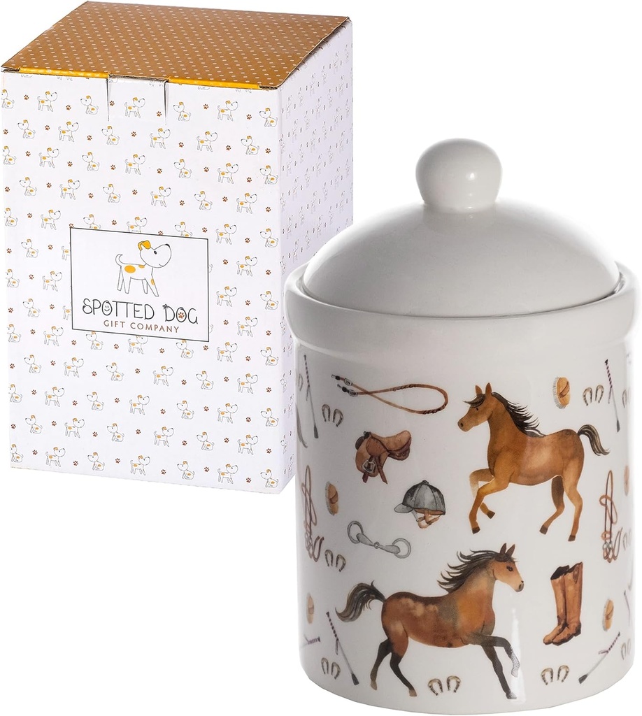 SPOTTED DOG GIFT COMPANY Ceramic Jar with Lid for Countertop, Cute Equestrian Themed Decorative Jar Kitchen Food Storage Container for Coffee Tea Sugar, Horse Gifts for Women 30oz