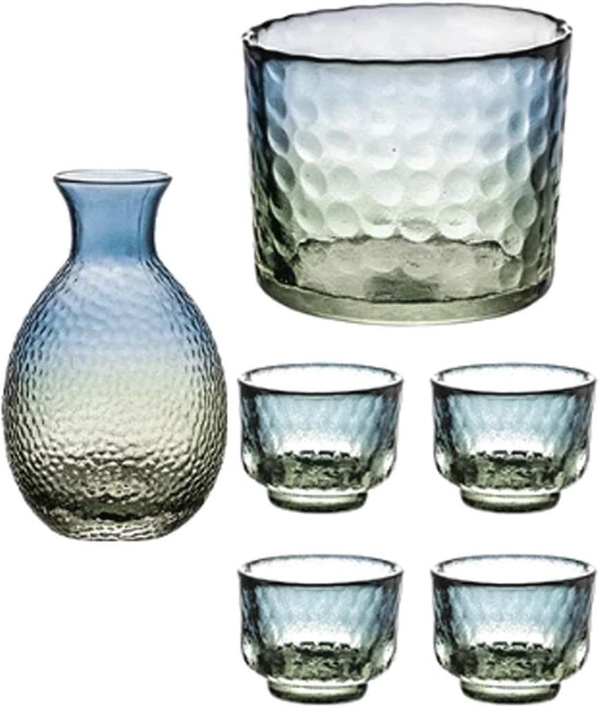 Glass Sake Set Sake Cup Liquor Dispenser Japanese Sake Pot 4 Sake Cups +1 Sake Pot + 1 Vessel Cup for Heat Preservation