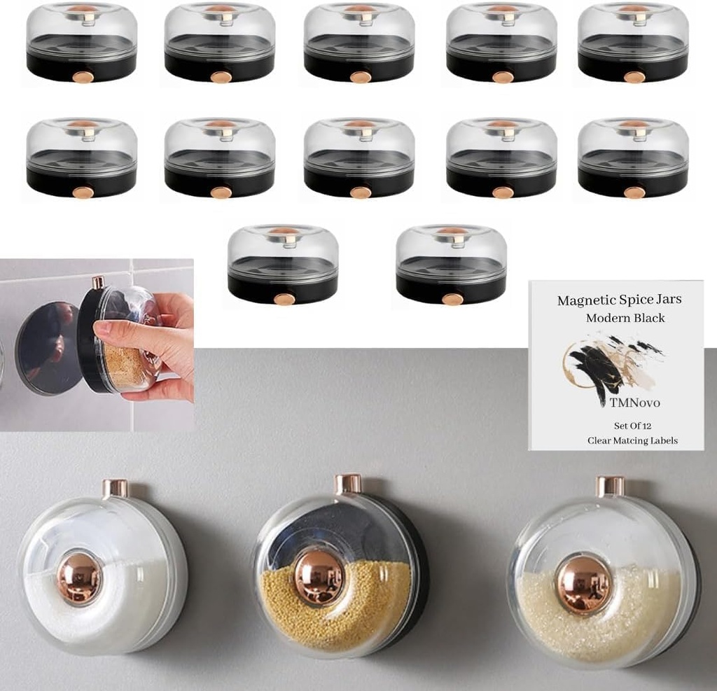 Magnetic Spice Jars for Refrigerator, Spice Containers with Shaker Lids, Set of 12 Spice Rack Jar Tins, 4 oz Black Magnetic Jars
