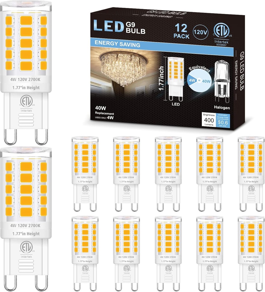 hansang 12 Pack G9 LED Bulb 2700K Soft Warm White, 4W 40 Watt Halogen Equivalent G9 Light Bulbs, Height 1.77 Inch Short T4 G9 Bin-pin Base Chandelier Light Bulbs, 400LM, AC 120V, Non-Dimmable