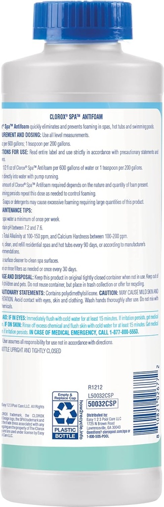 Clorox® Pool&Spa™ Spa Water Antifoam, Eliminates & Prevents Foam in Spa Water, Reduces Irritation, 1 Quart (Pack of 1)